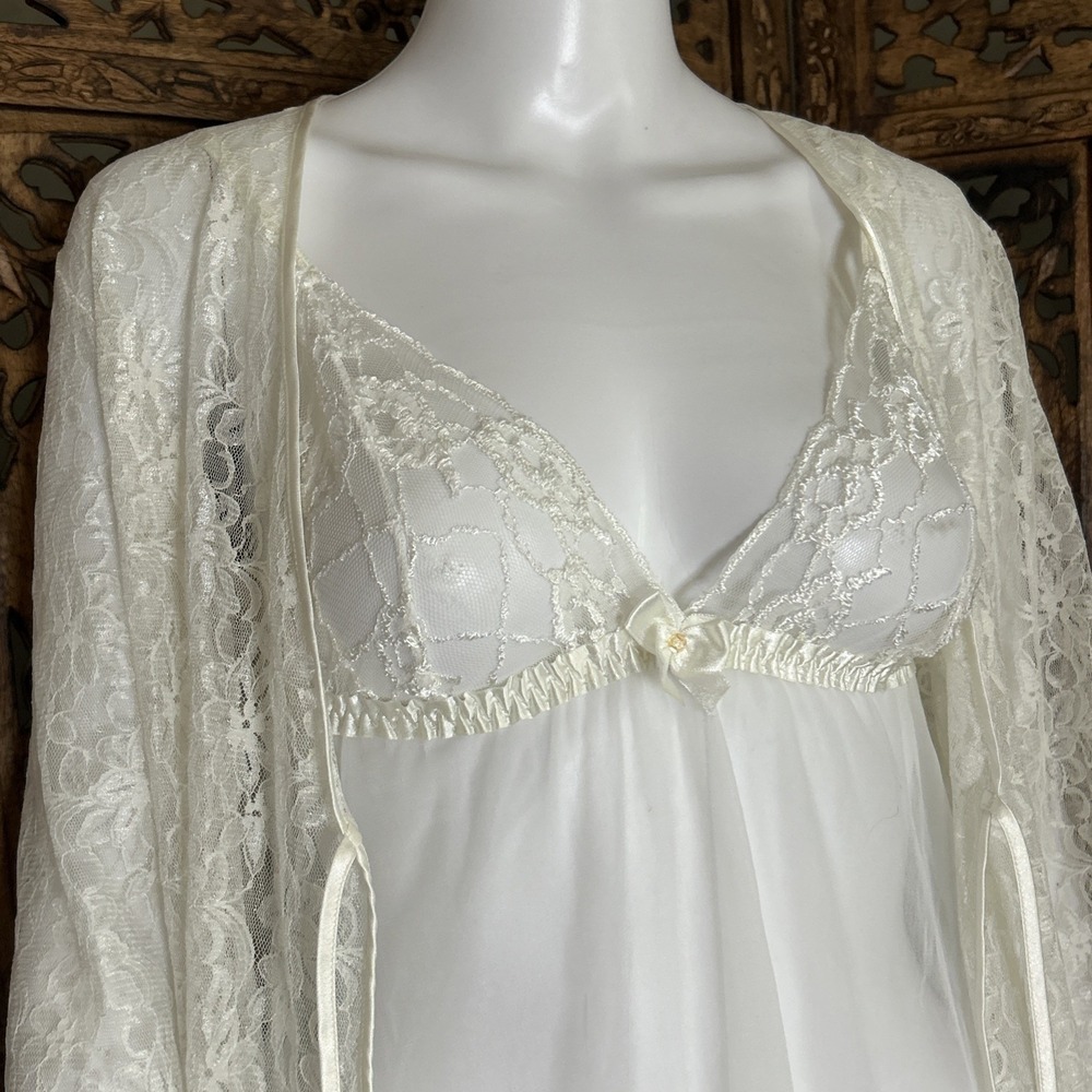 Vtg 80's Fredericks of Hollywood Sheer Floral Lace Peignoir Set Bridal Coquette
